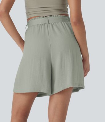 Bermuda décontracté taille haute effet lin avec ceinture et poches latérales Bermuda décontracté taille haute effet lin avec ceinture et poches latérales