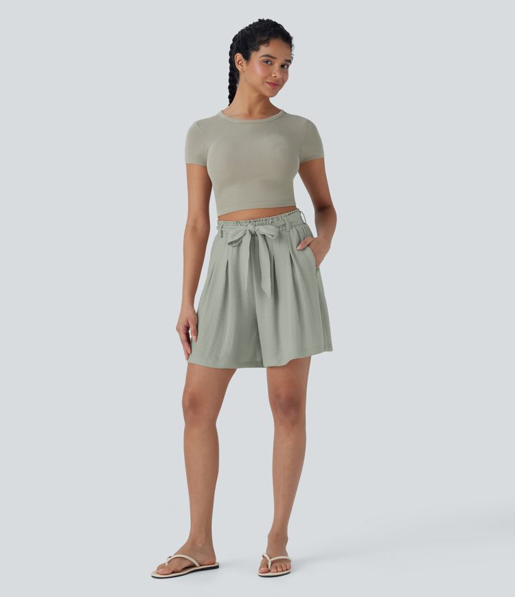 Bermuda décontracté taille haute effet lin avec ceinture et poches latérales Bermuda décontracté taille haute effet lin avec ceinture et poches latérales
