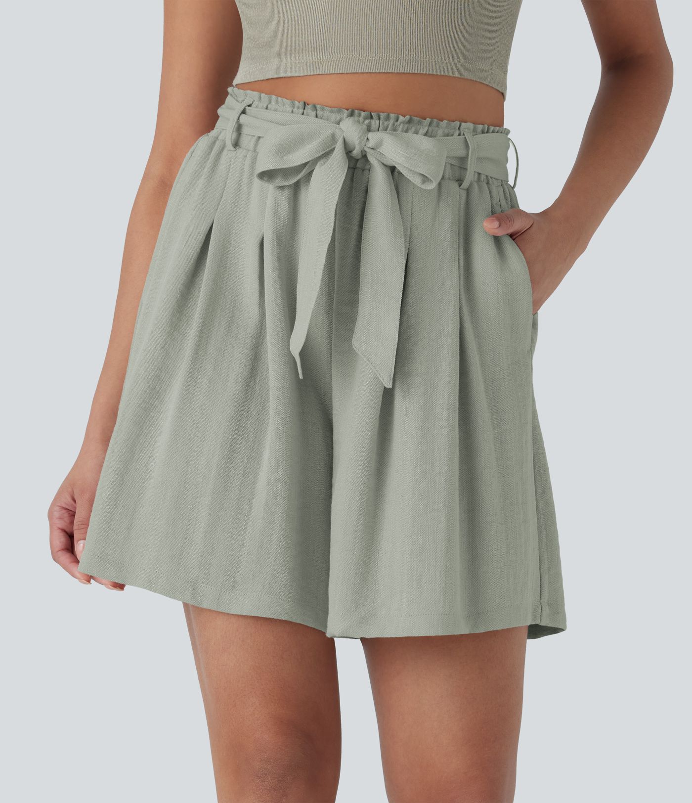 Bermuda décontracté taille haute effet lin avec ceinture et poches latérales Bermuda décontracté taille haute effet lin avec ceinture et poches latérales
