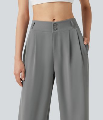 Pantalon tailleur Halara Flex™ à taille mi-haute, coupe droite et froncée, avec poches Pantalon tailleur Halara Flex™ à taille mi-haute, coupe droite et froncée, avec poches