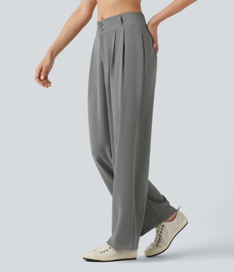 Pantalon tailleur Halara Flex™ à taille mi-haute, coupe droite et froncée, avec poches Pantalon tailleur Halara Flex™ à taille mi-haute, coupe droite et froncée, avec poches