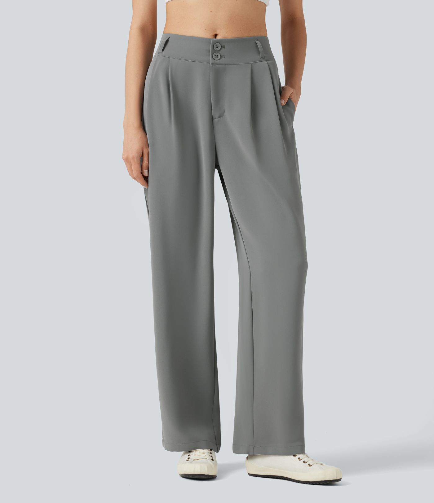 Pantalon tailleur Halara Flex™ à taille mi-haute, coupe droite et froncée, avec poches Pantalon tailleur Halara Flex™ à taille mi-haute, coupe droite et froncée, avec poches