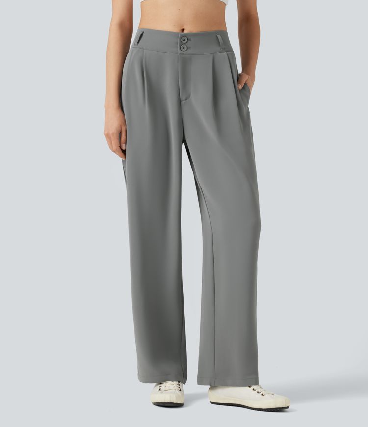 Pantalon tailleur Halara Flex™ à taille mi-haute, coupe droite et froncée, avec poches Pantalon tailleur Halara Flex™ à taille mi-haute, coupe droite et froncée, avec poches