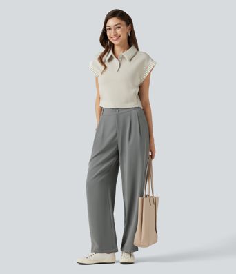 Pantalon tailleur Halara Flex™ à taille mi-haute, coupe droite et froncée, avec poches Pantalon tailleur Halara Flex™ à taille mi-haute, coupe droite et froncée, avec poches