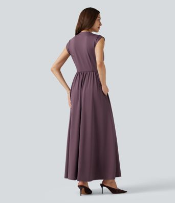 V Neck Sleeveless Flowy Midi Work Dress with Pockets V Neck Sleeveless Flowy Midi Work Dress with Pockets