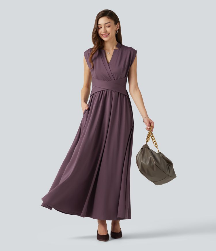 V Neck Sleeveless Flowy Midi Work Dress with Pockets V Neck Sleeveless Flowy Midi Work Dress with Pockets