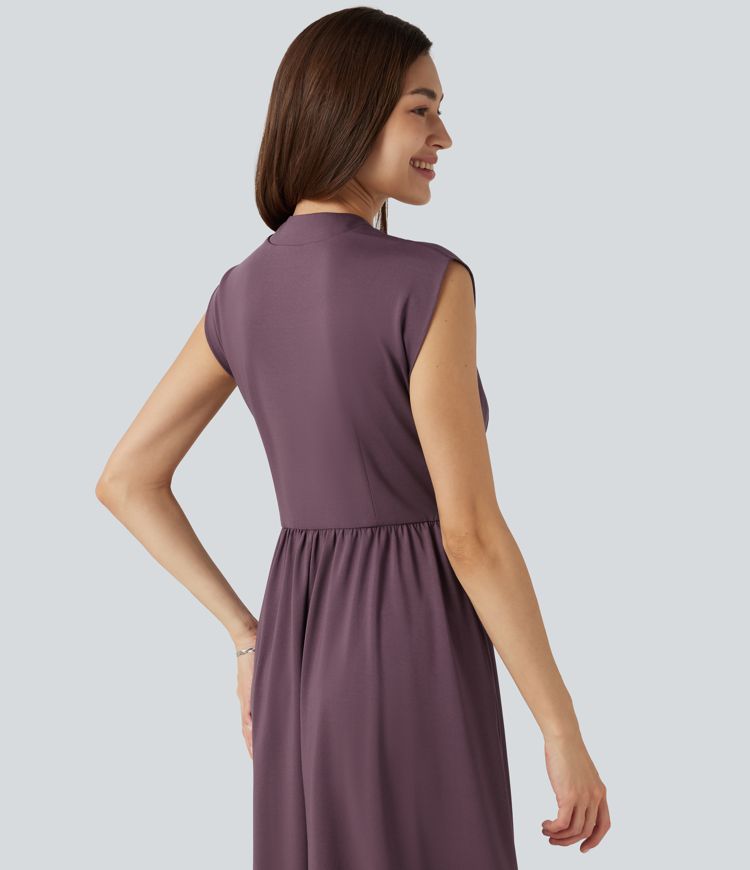V Neck Sleeveless Flowy Midi Work Dress with Pockets V Neck Sleeveless Flowy Midi Work Dress with Pockets
