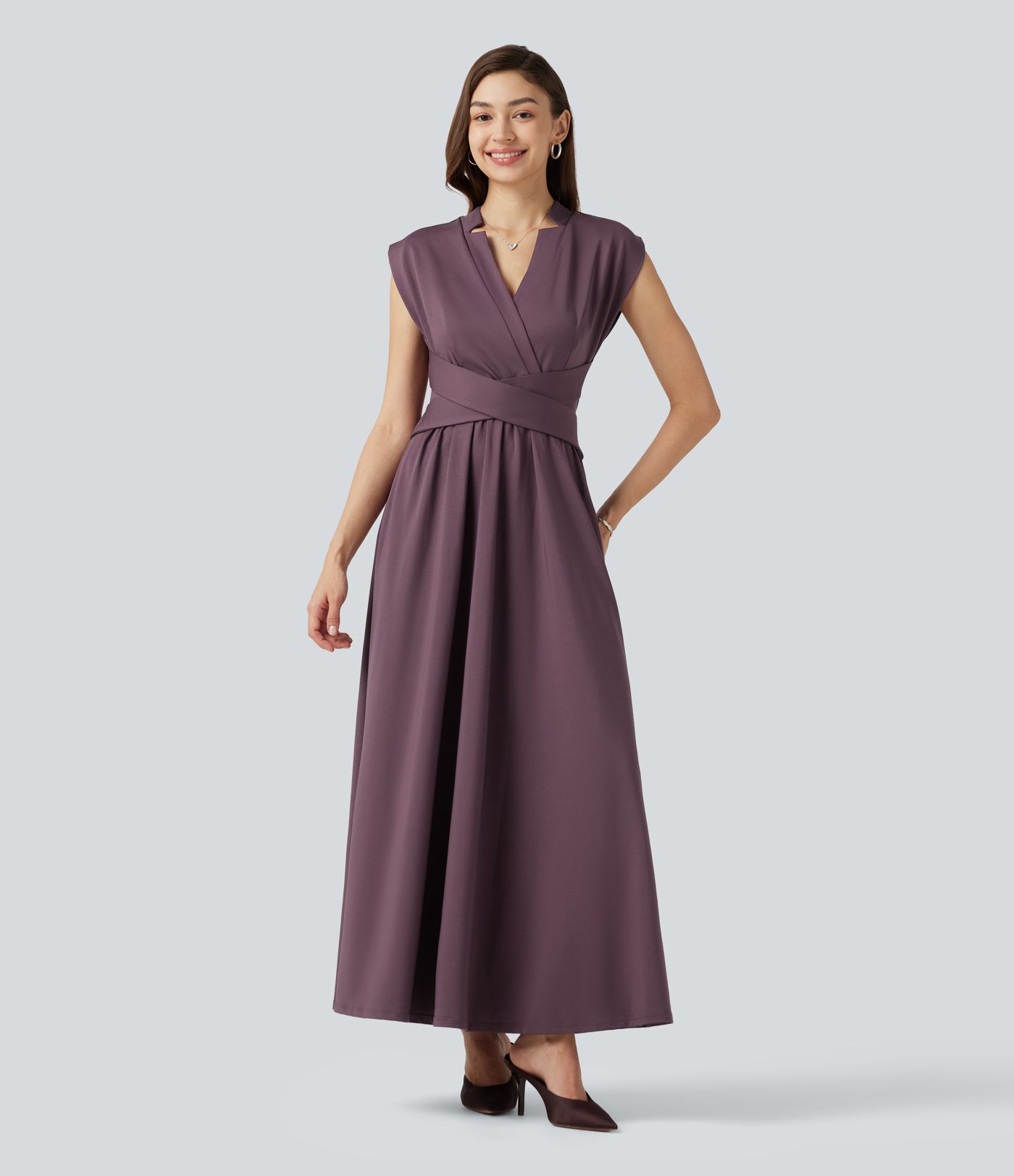 V Neck Sleeveless Flowy Midi Work Dress with Pockets V Neck Sleeveless Flowy Midi Work Dress with Pockets
