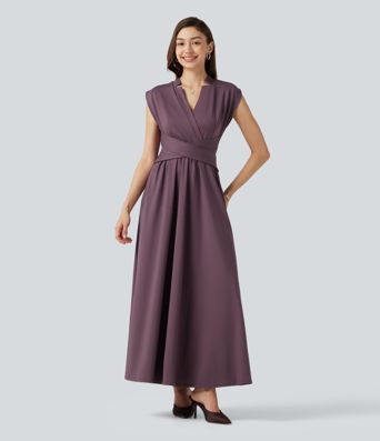 V Neck Sleeveless Flowy Midi Work Dress with Pockets V Neck Sleeveless Flowy Midi Work Dress with Pockets