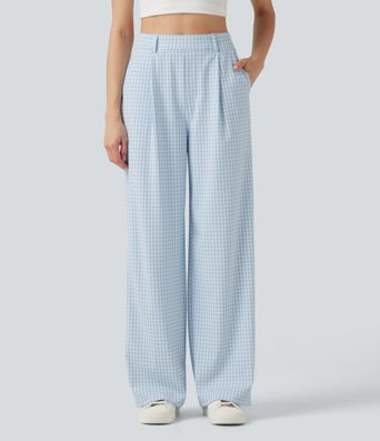 Halara Flex™ Pantalon de travail en vichy, taille haute, coupe droite, avec poches.