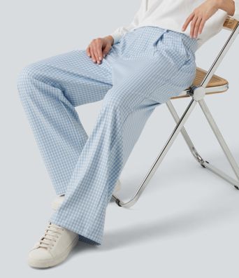 Halara Flex™ Pantalon de travail en vichy, taille haute, coupe droite, avec poches.