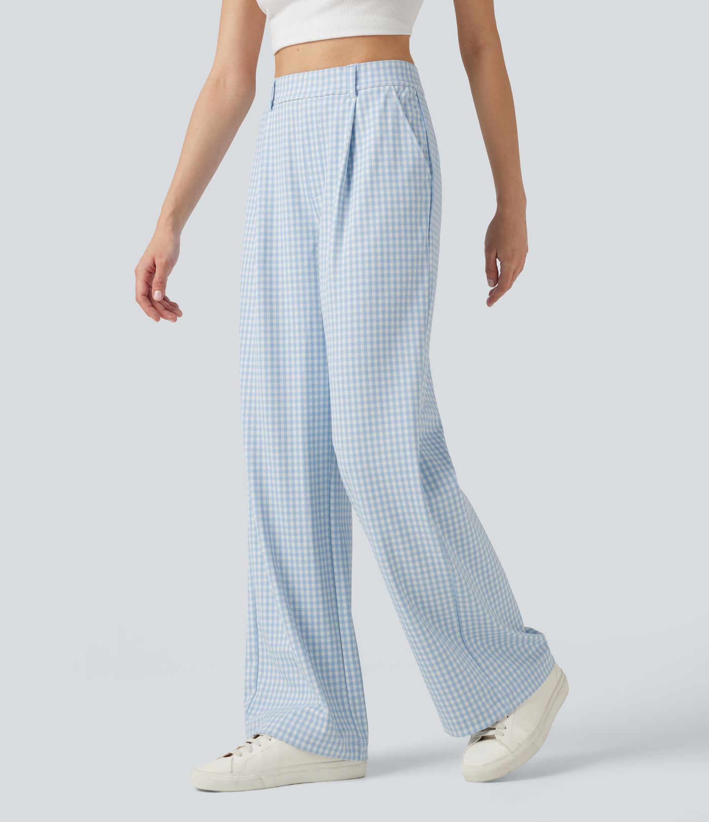 Halara Flex™ Pantalon de travail en vichy, taille haute, coupe droite, avec poches.