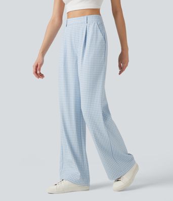 Halara Flex™ Pantalon de travail en vichy, taille haute, coupe droite, avec poches.