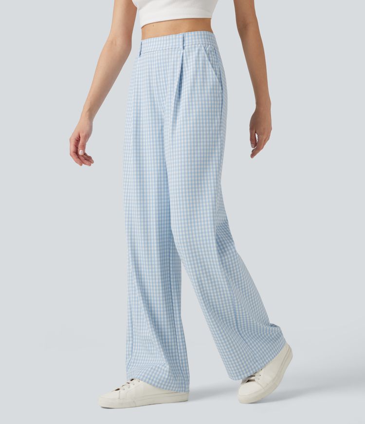 Halara Flex™ Pantalon de travail en vichy, taille haute, coupe droite, avec poches.