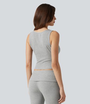 High Stretch Ribbed Knit Square Neck Contrast Lace Casual Tank Top