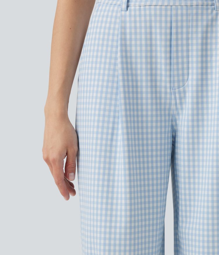 Halara Flex™ Pantalon de travail en vichy, taille haute, coupe droite, avec poches.