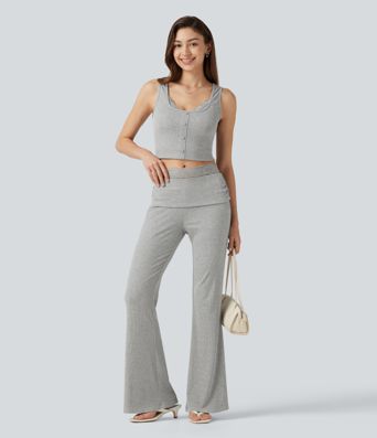 High Stretch Ribbed Knit Square Neck Contrast Lace Casual Tank Top