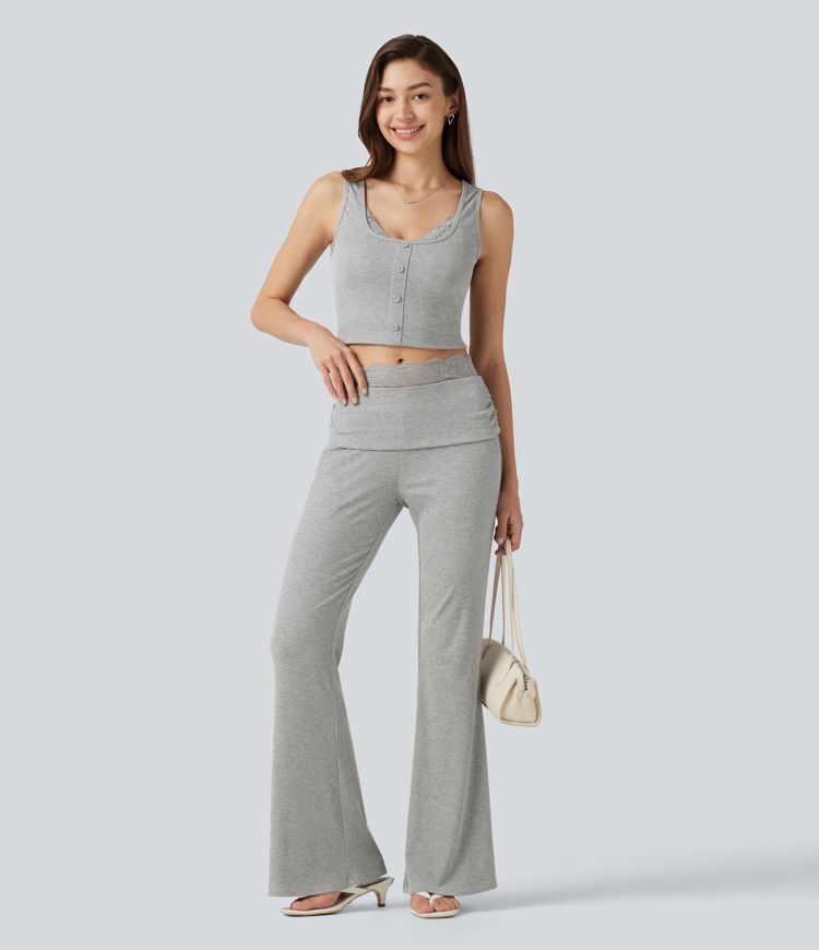 High Stretch Ribbed Knit Square Neck Contrast Lace Casual Tank Top