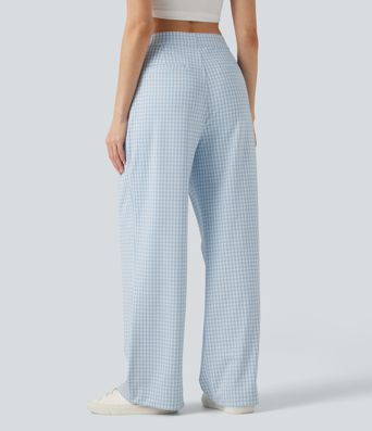 Halara Flex™ Pantalon de travail en vichy, taille haute, coupe droite, avec poches.