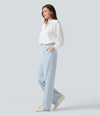 Halara Flex™ Pantalon de travail en vichy, taille haute, coupe droite, avec poches.