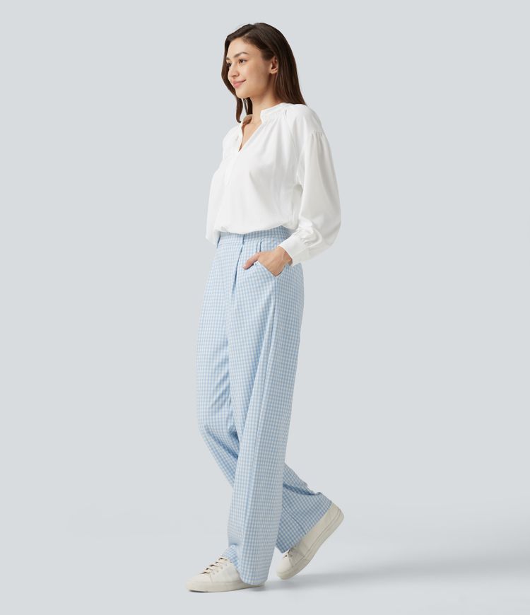 Halara Flex™ Pantalon de travail en vichy, taille haute, coupe droite, avec poches.