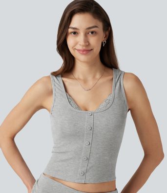 High Stretch Ribbed Knit Square Neck Contrast Lace Casual Tank Top