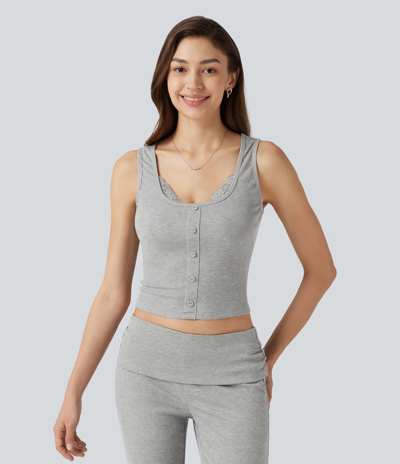 High Stretch Ribbed Knit Square Neck Contrast Lace Casual Tank Top