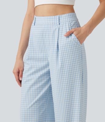 Halara Flex™ Pantalon de travail en vichy, taille haute, coupe droite, avec poches.
