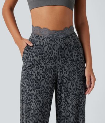 Halara UltraSculpt™ -  Yogahose mit hohem Bund, Seitentaschen, Leopardenmuster, Kontrastspitze und geradem Bein