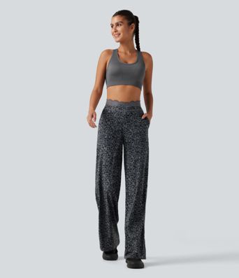 Halara UltraSculpt™ -  Yogahose mit hohem Bund, Seitentaschen, Leopardenmuster, Kontrastspitze und geradem Bein