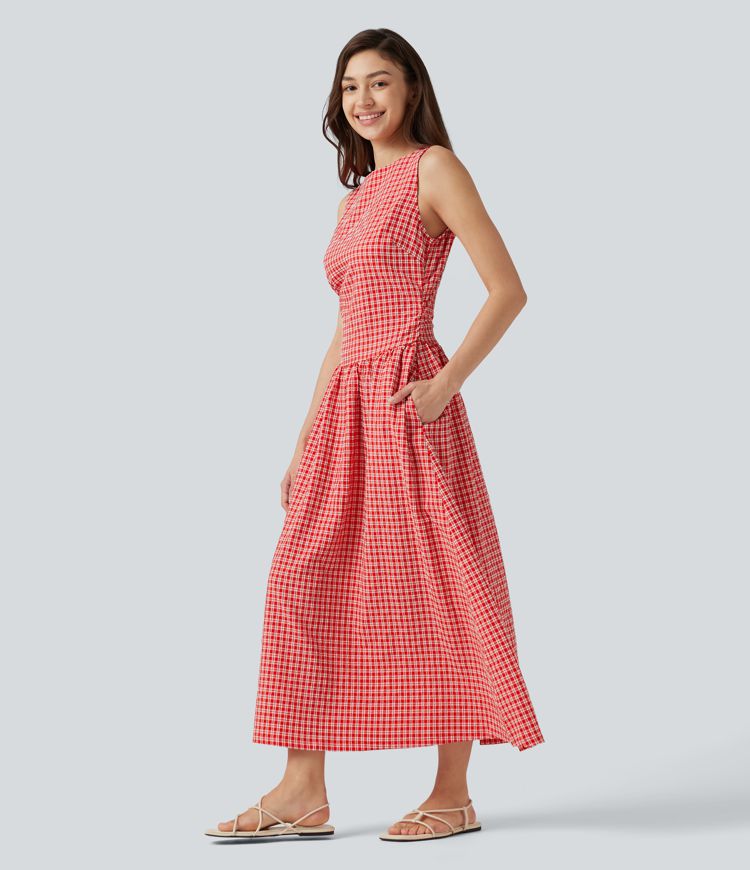 Robe midi décontractée à carreaux vichy, col bateau, sans manches, avec poches Robe midi décontractée à carreaux vichy, col bateau, sans manches, avec poches
