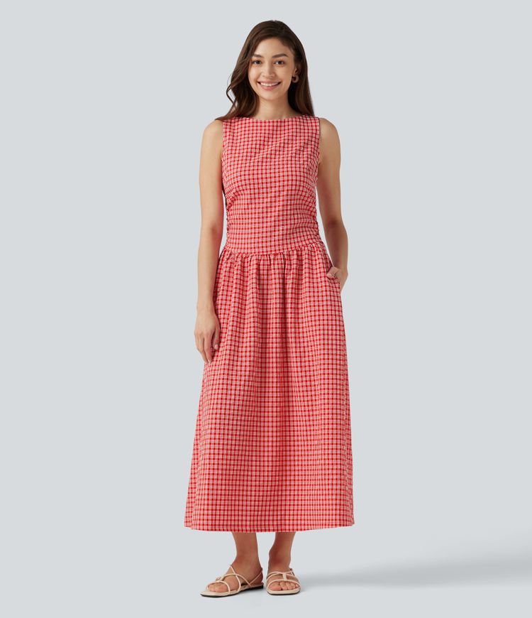 Robe midi décontractée à carreaux vichy, col bateau, sans manches, avec poches Robe midi décontractée à carreaux vichy, col bateau, sans manches, avec poches