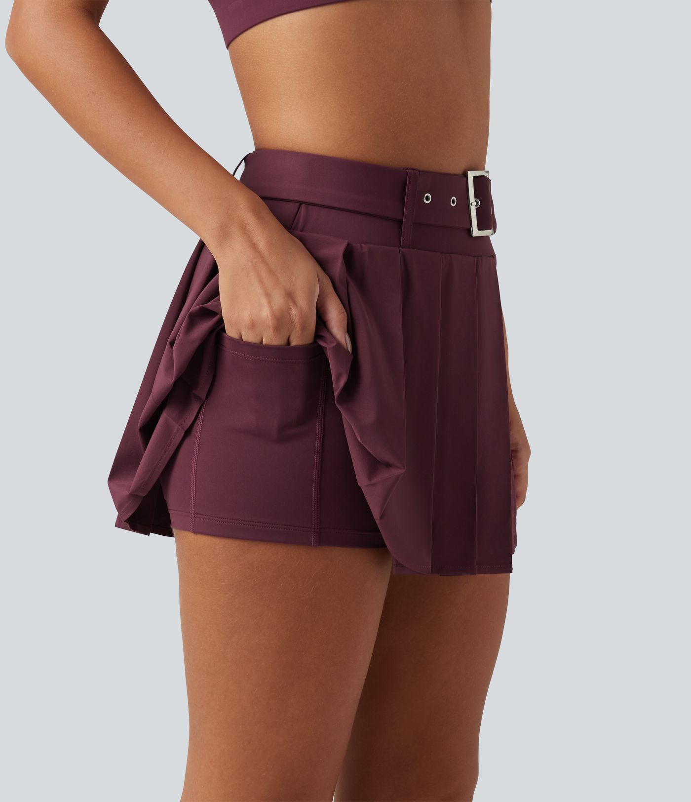 Breezeful™ - Plissierter 2-in-1 Tanz-Minirock mit mittelhohem Bund, Seitentasche, Gürtel und asymmetrischem Saum - schnelltrocknend Breezeful™ - Plissierter 2-in-1 Tanz-Minirock mit mittelhohem Bund, Seitentasche, Gürtel und asymmetrischem Saum - schnelltrocknend