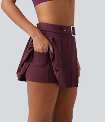 Breezeful™ - Plissierter 2-in-1 Tanz-Minirock mit mittelhohem Bund, Seitentasche, Gürtel und asymmetrischem Saum - schnelltrocknend Breezeful™ - Plissierter 2-in-1 Tanz-Minirock mit mittelhohem Bund, Seitentasche, Gürtel und asymmetrischem Saum - schnelltrocknend