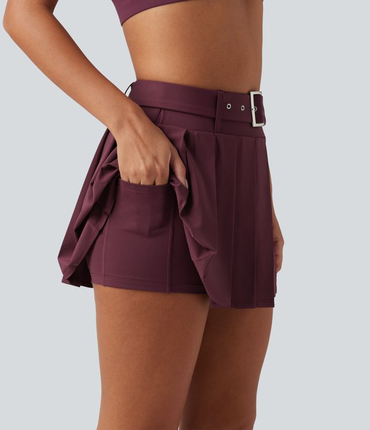 Breezeful™ - Plissierter 2-in-1 Tanz-Minirock mit mittelhohem Bund, Seitentasche, Gürtel und asymmetrischem Saum - schnelltrocknend Breezeful™ - Plissierter 2-in-1 Tanz-Minirock mit mittelhohem Bund, Seitentasche, Gürtel und asymmetrischem Saum - schnelltrocknend