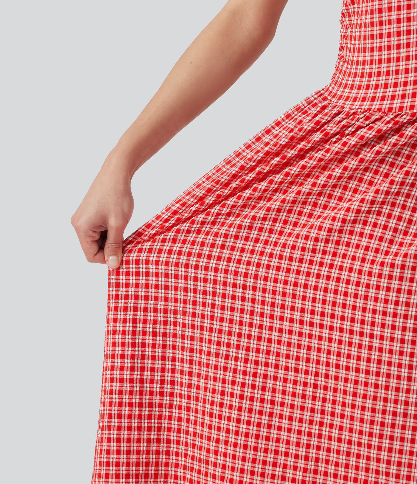 Robe midi décontractée à carreaux vichy, col bateau, sans manches, avec poches Robe midi décontractée à carreaux vichy, col bateau, sans manches, avec poches