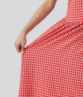Robe midi décontractée à carreaux vichy, col bateau, sans manches, avec poches Robe midi décontractée à carreaux vichy, col bateau, sans manches, avec poches