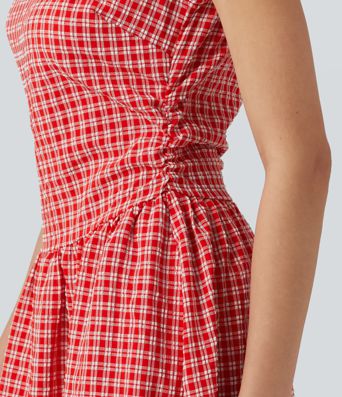 Robe midi décontractée à carreaux vichy, col bateau, sans manches, avec poches Robe midi décontractée à carreaux vichy, col bateau, sans manches, avec poches