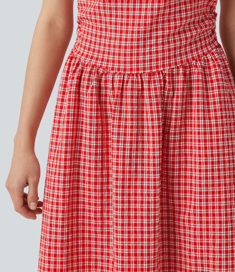 Robe midi décontractée à carreaux vichy, col bateau, sans manches, avec poches Robe midi décontractée à carreaux vichy, col bateau, sans manches, avec poches