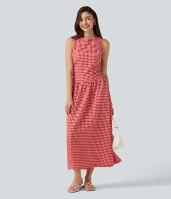 Robe midi décontractée à carreaux vichy, col bateau, sans manches, avec poches Robe midi décontractée à carreaux vichy, col bateau, sans manches, avec poches