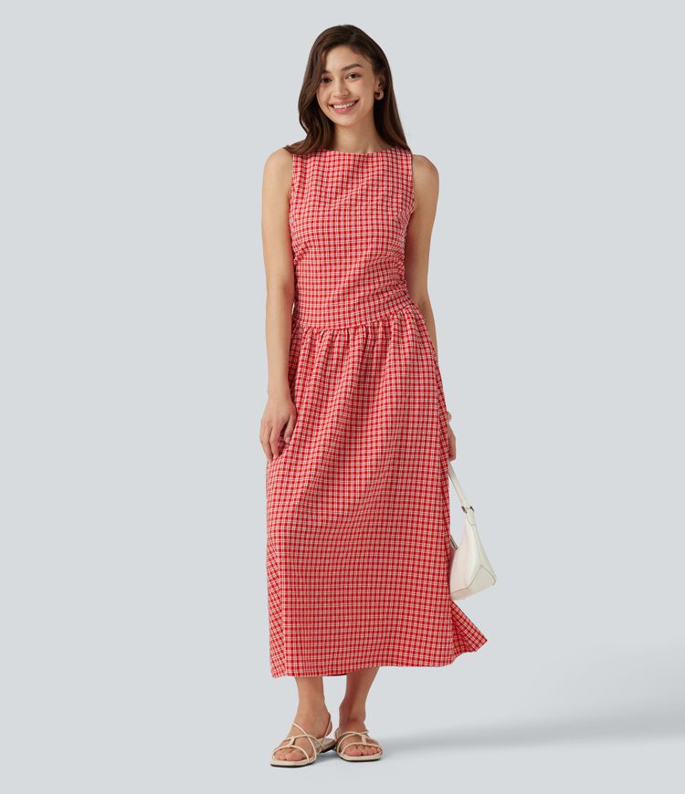 Robe midi décontractée à carreaux vichy, col bateau, sans manches, avec poches Robe midi décontractée à carreaux vichy, col bateau, sans manches, avec poches