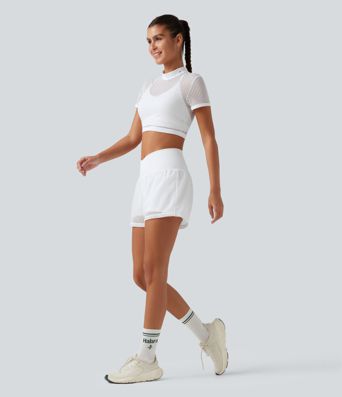 SoftlyZero™ QuickDry Shorts de yoga 2 en 1 con cintura alta cruzada, en tejido eyelet, 3'' con bolsillos