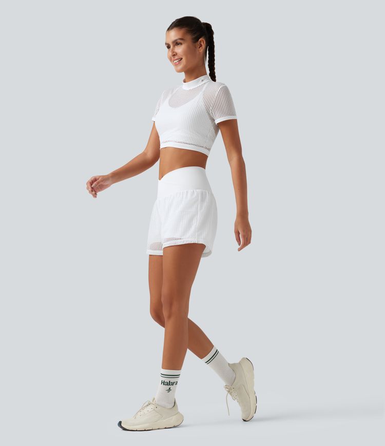 SoftlyZero™ QuickDry Shorts de yoga 2 en 1 con cintura alta cruzada, en tejido eyelet, 3'' con bolsillos