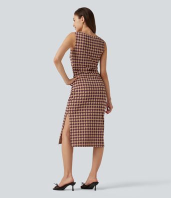 Halara UltraSculpt™ Plaid Print Boat Neck Sleeveless Bodycon Midi Casual Dress Halara UltraSculpt™ Plaid Print Boat Neck Sleeveless Bodycon Midi Casual Dress