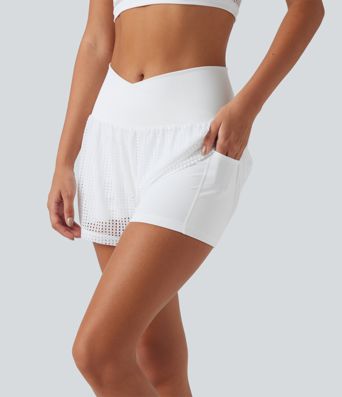 SoftlyZero™ QuickDry Shorts de yoga 2 en 1 con cintura alta cruzada, en tejido eyelet, 3'' con bolsillos