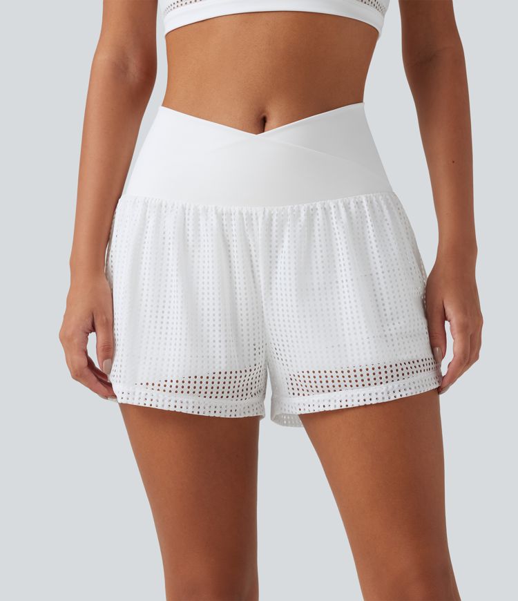 SoftlyZero™ QuickDry Shorts de yoga 2 en 1 con cintura alta cruzada, en tejido eyelet, 3'' con bolsillos