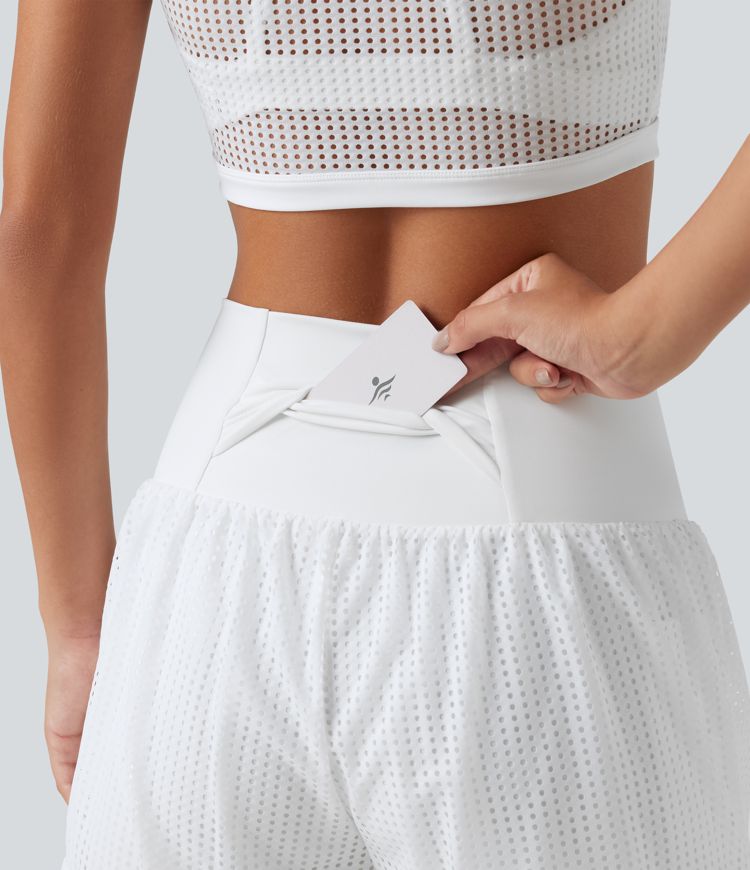 SoftlyZero™ QuickDry Shorts de yoga 2 en 1 con cintura alta cruzada, en tejido eyelet, 3'' con bolsillos