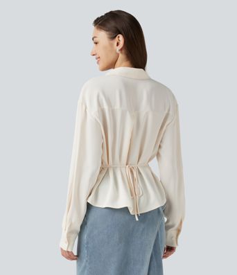 Wrinkle-Resistant V Neck Contrast Lace Long Sleeve Tie Back Twisted Work Shirt Wrinkle-Resistant V Neck Contrast Lace Long Sleeve Tie Back Twisted Work Shirt