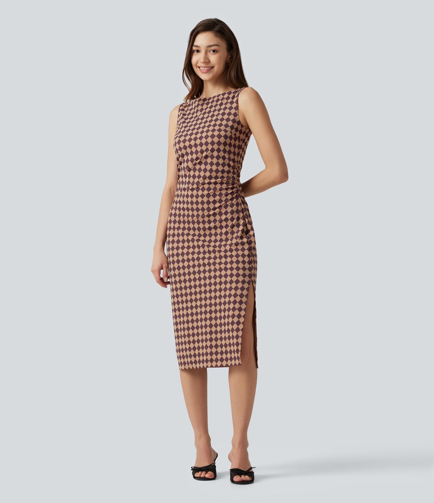 Halara UltraSculpt™ Plaid Print Boat Neck Sleeveless Bodycon Midi Casual Dress Halara UltraSculpt™ Plaid Print Boat Neck Sleeveless Bodycon Midi Casual Dress