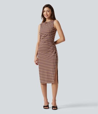 Halara UltraSculpt™ Plaid Print Boat Neck Sleeveless Bodycon Midi Casual Dress Halara UltraSculpt™ Plaid Print Boat Neck Sleeveless Bodycon Midi Casual Dress